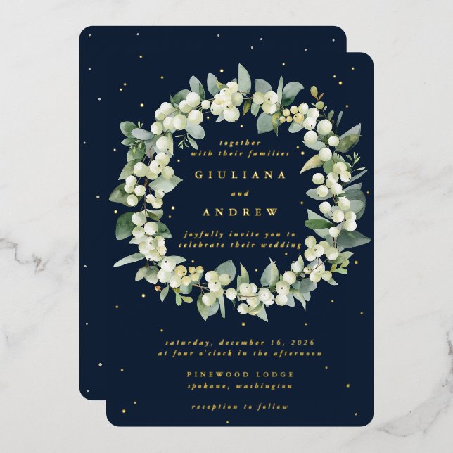 Navy Snowberry+Eucalyptus Wreath Winter Wedding Foil Invitation (Front/Back)