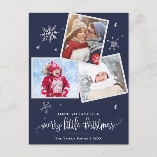 Navy Snowflake | 3 Photo Christmas Holiday Postcard