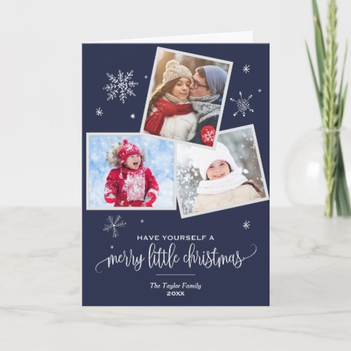 Navy Snowflake  3 Photo Christmas Photo Holiday Card