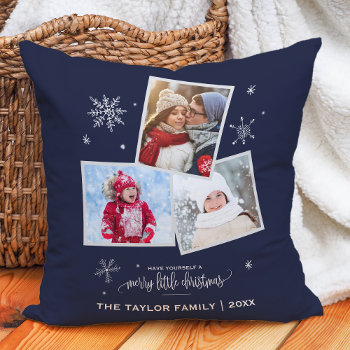 Navy Snowflake | 3 Photo Christmas Throw Pillow by ChristmasPaperCo at Zazzle
