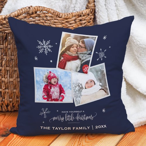 Navy Snowflake  3 Photo Christmas Throw Pillow