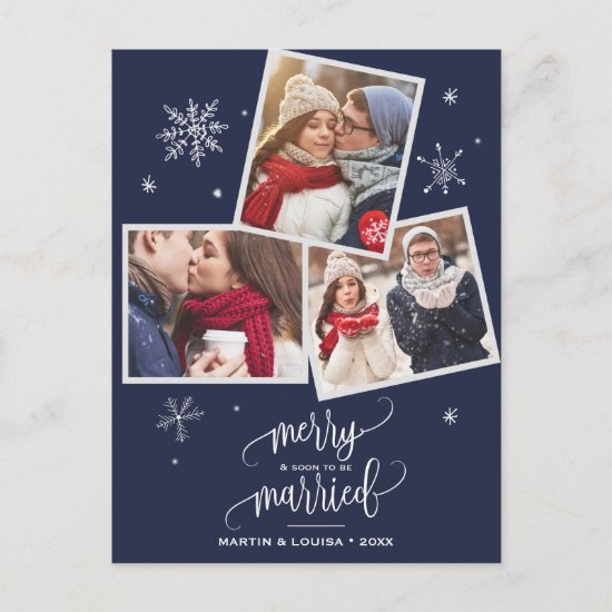 Navy Snowflake | 3 Photo Engagement Christmas Holiday Postcard