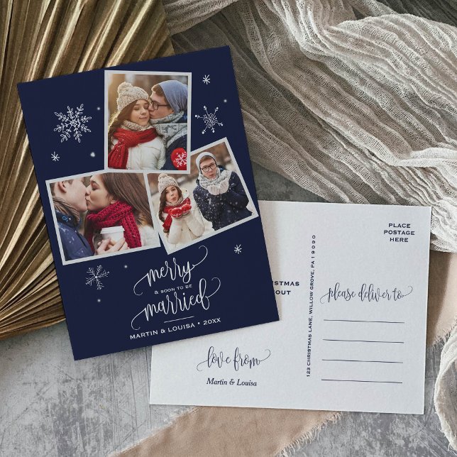 Navy Snowflake | 3 Photo Engagement Christmas Holiday Postcard (Creator Uploaded)
