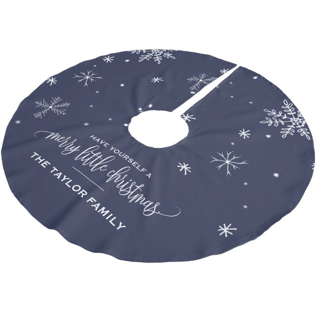 Navy Snowflake Christmas Brushed Polyester Tree Skirt (Angled)
