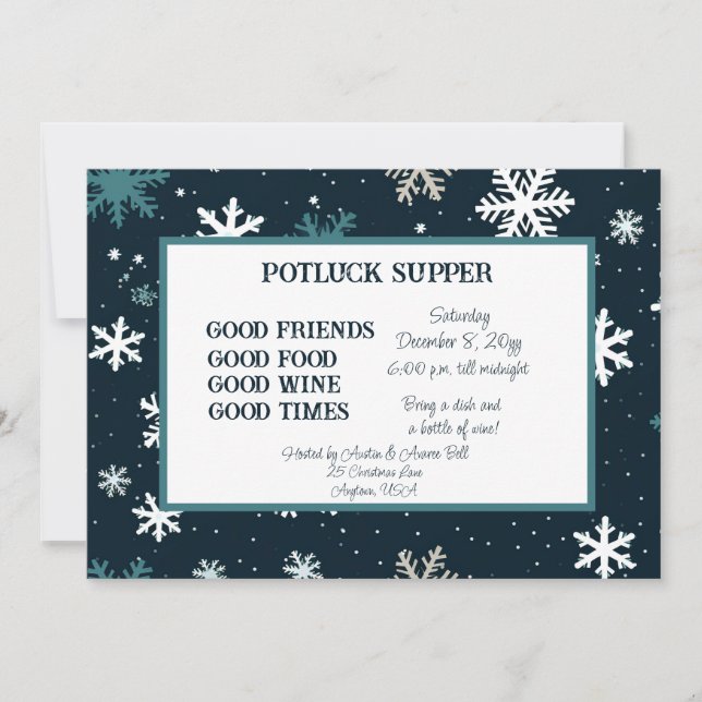 Navy Snowflake Christmas POT LUCK Supper  Invitation (Front)