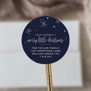 Navy Snowflake Christmas Return Address Classic Round Sticker by ChristmasPaperCo at Zazzle