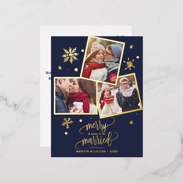 Navy Snowflake Foil 3 Photo Engagement Christmas Holiday Postcard (Front/Back)
