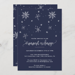 Navy Snowflake Ornament Exchange Party Invitation