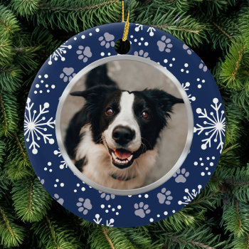 Navy Snowflake Paw Pattern Pet Photo Ceramic Ornament by DoodlesGiftShop at Zazzle