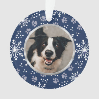 Navy Snowflake Paw Pattern Pet Photo Ornament