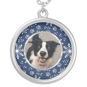 Navy Snowflake Paw Pattern Pet Photo Silver Plated Necklace