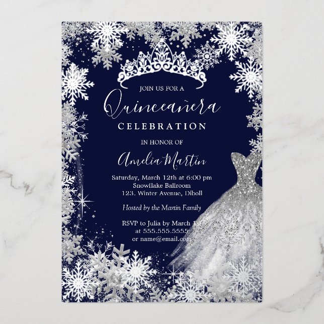Navy Snowflake Winter Quinceanera  Foil Invitation (Front)