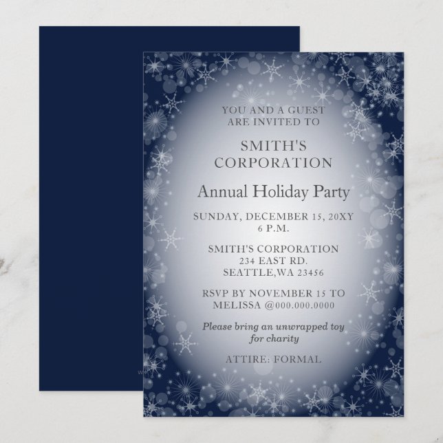 Navy Snowflakes Elegant Corporate Holiday Party  Invitation (Front/Back)
