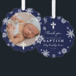 Navy Snowflakes Photo Winter Baptism Thank You Ornament Card<br><div class="desc">Beautiful winter baptism thank you ornaments in navy blue with snowflakes,  a white cross,  and a photo of your baby.</div>