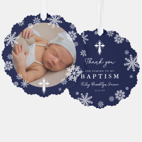 Navy Snowflakes Photo Winter Baptism Thank You Ornament Card