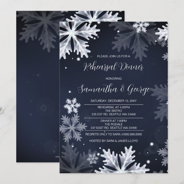 Navy Snowflakes Winter Rehearsal Dinner  Invitation (Front/Back)