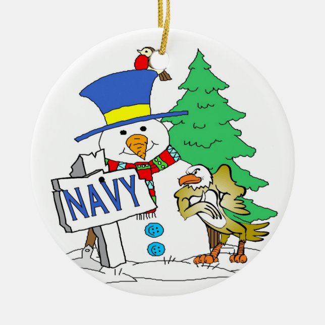 Navy Snowman Christmas Ceramic Ornament (Front)