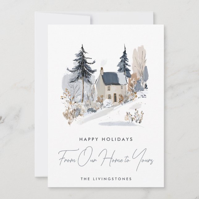 Navy Snowy House From Our Home to Yours Holiday Card (Front)