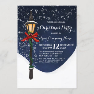 Navy Snowy Lamppost Garland Corporate Christmas Invitation