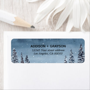 Navy Snowy Winter Pine Tree Watercolor Wedding Label