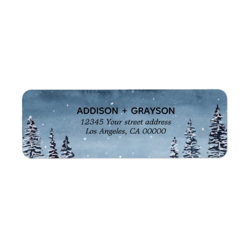 Navy Snowy Winter Pine Tree Watercolor Wedding Label - The watercolor snowy night scene has navy blue night sky.