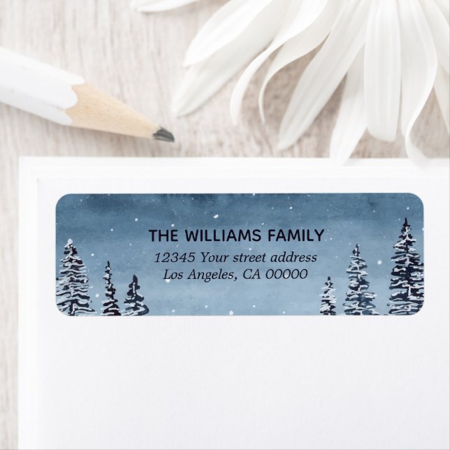 Navy Snowy Winter Trees Holiday Label (Insitu)