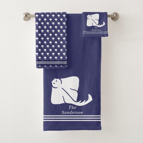 Navy Soft Blue Coastal Nautical Stingray Manta Ray Bath Towel Set