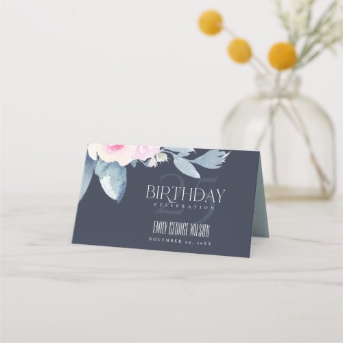 NAVY SOFT BLUSH BLUE FLORAL 25TH ANY AGE BIRTHDAY PLACE CARD