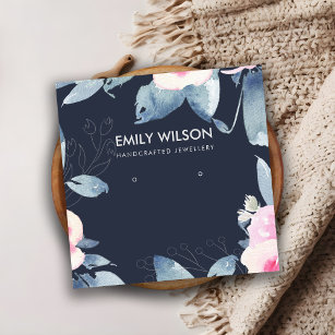 NAVY SOFT BLUSH BLUE FLORAL EARRING DISPLAY LOGO SQUARE BUSINESS CARD
