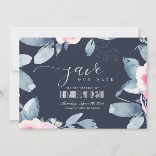NAVY SOFT BLUSH BLUE FLORAL WATERCOLOR FRAME SAVE THE DATE