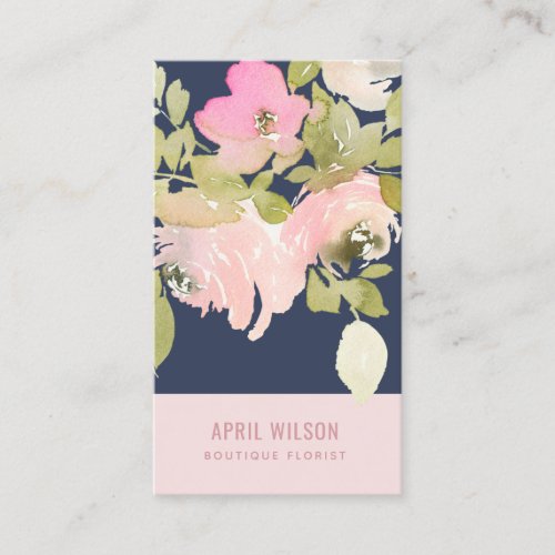 NAVY SOFT BLUSH PINK WATERCOLOR ROSE FLORAL BUNCH BUSINESS CARD