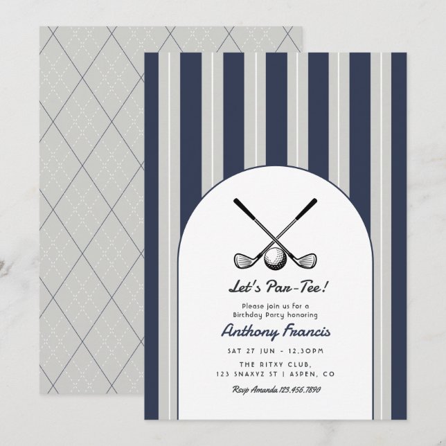 Navy, Soft Grey, & White Golf Birthday Party Invitation (Front/Back)