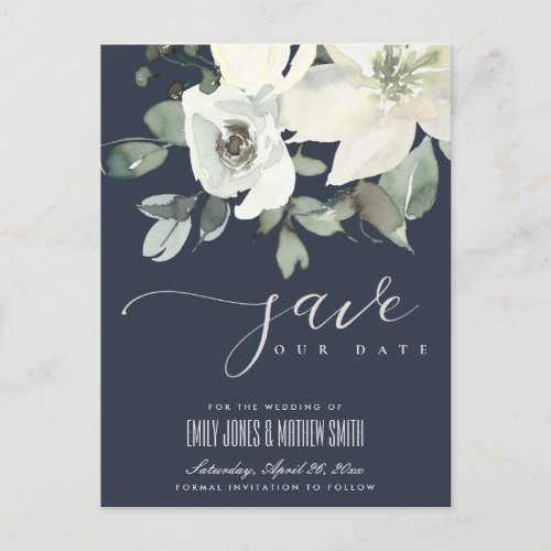 NAVY SOFT IVORY WHITE FLORAL BUNCH SAVE THE DATE ANNOUNCEMENT POSTCARD