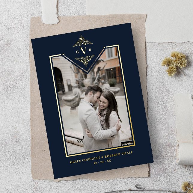 Navy Sophisticate Flourish Chic Golden Initials Foil Invitation (Creator Uploaded)