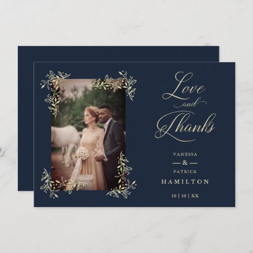 Navy Sophisticated Flourish Photo Wedding Love and Thank You Card