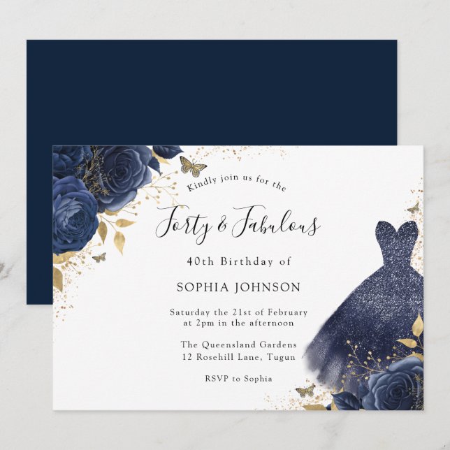 Navy Sparkle Dress 40th Birthday Forty & Fabulous Invitation (Front/Back)