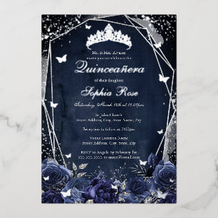 Navy Sparkle Flower Tiara Silver Quinceanera Foil Invitation