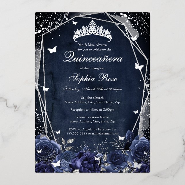 Navy Sparkle Flower Tiara Silver Quinceanera  Foil Invitation (Front)