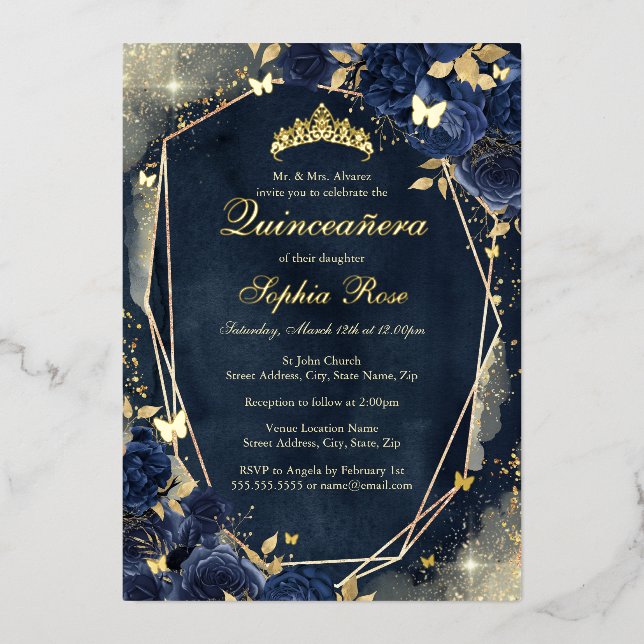 Navy Sparkle Gold Floral Butterfly Quinceanera Foil Invitation (Front)