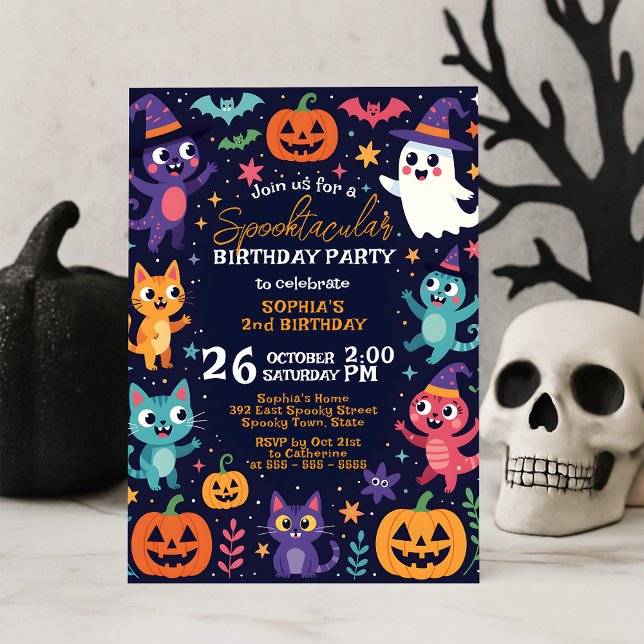 Navy Spooky Cute Monster October Kids Birthday Invitation (Creator Uploaded)