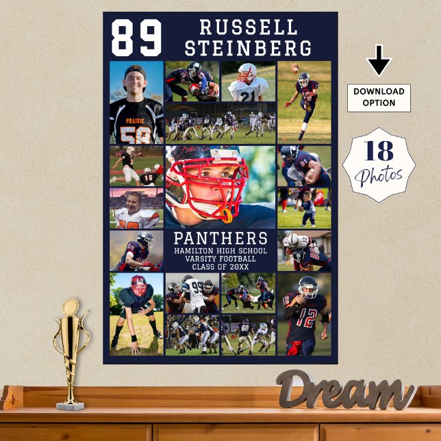 Navy Sports Senior Graduation 18 Photo Collage Poster (Creator Uploaded)