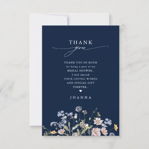 Navy Spring Wildflower Meadow  Bridal Shower Thank You Card