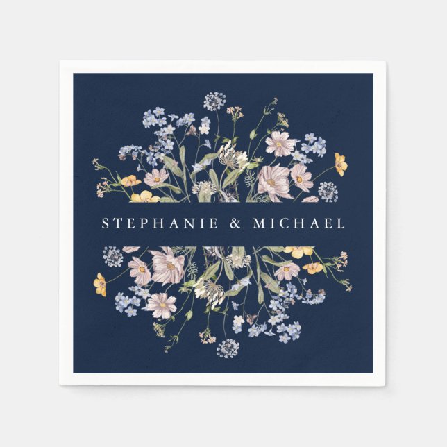 Navy Spring Wildflower Meadow Garden Wedding  Napkins (Front)