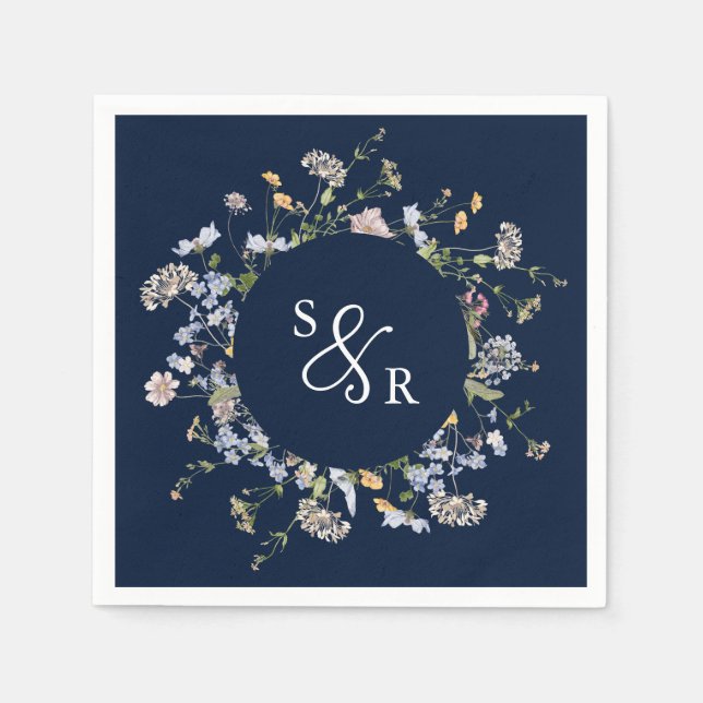 Navy Spring Wildflower Meadow Garden Wedding  Napkins (Front)