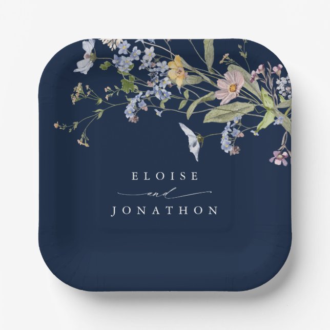 Navy Spring Wildflower Meadow Garden Wedding Paper Plates (Front)