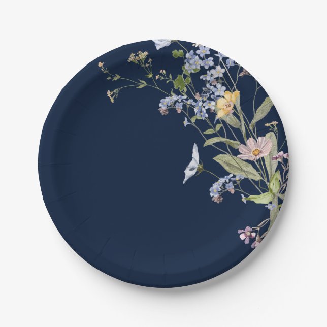 Navy Spring Wildflower Meadow Garden Wedding Paper Plates (Front)