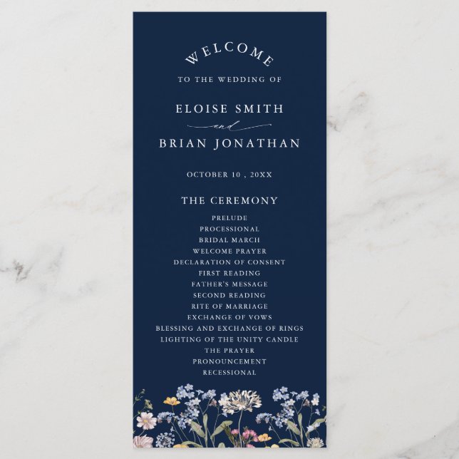 Navy Spring Wildflower Meadow Garden Wedding  Program (Front)