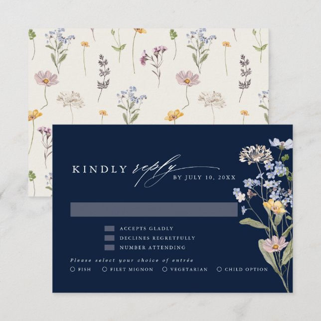 Navy Spring Wildflower Meadow Garden Wedding  RSVP Card (Front/Back)