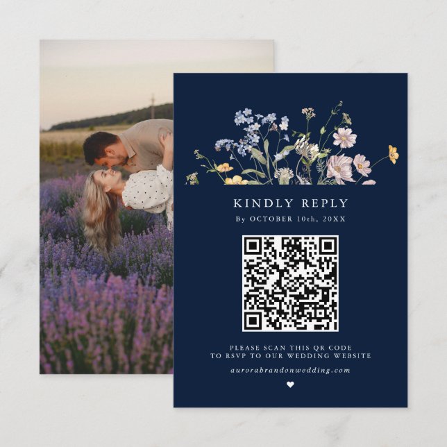 Navy Spring Wildflower Meadow Garden Wedding  RSVP Card (Front/Back)