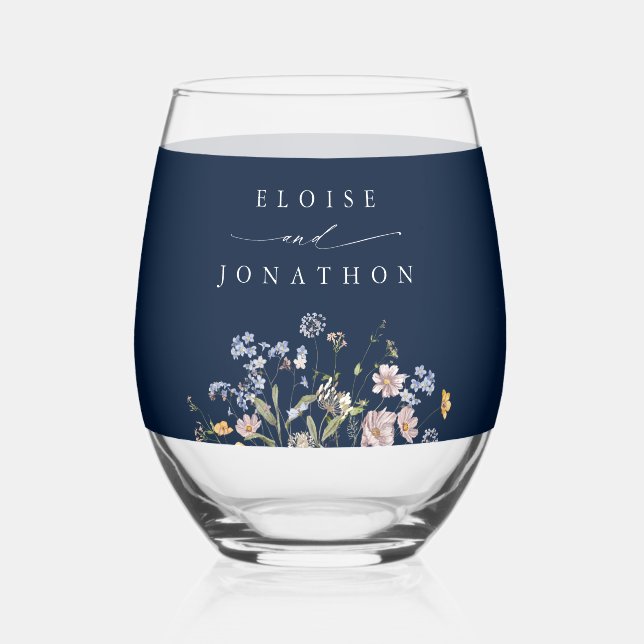 Navy Spring Wildflower Meadow Garden Wedding Stemless Wine Glass (Front)
